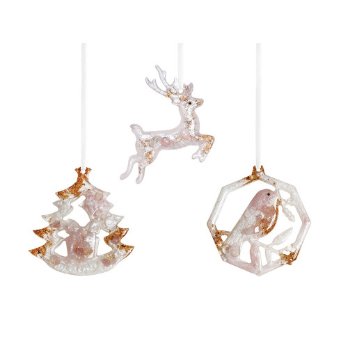 Елочные игрушки ( Снегирь+ Олень+ Ель) Розовый кварц