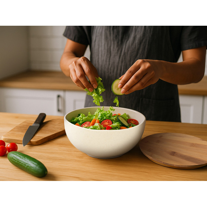Салатник Bowl с бамбуковой крышкой, бежевый