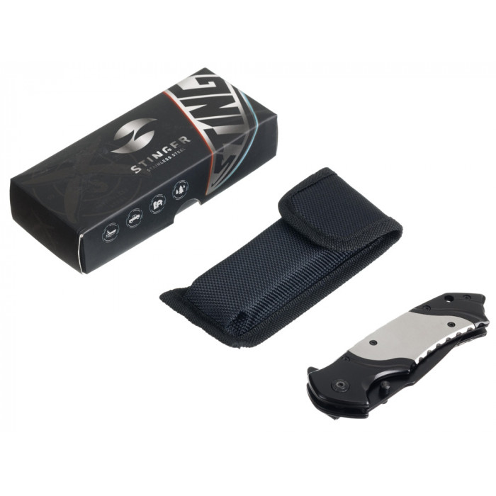 Нож складной Stinger, 120 мм, (черный), материал рукояти: нержавеющая сталь (серебристый/черный)