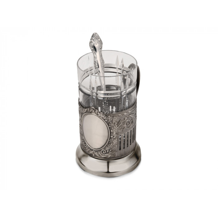 Чайный набор с подстаканником и фарфоровым чайником ЭГОИСТ-М, серебристый/белый