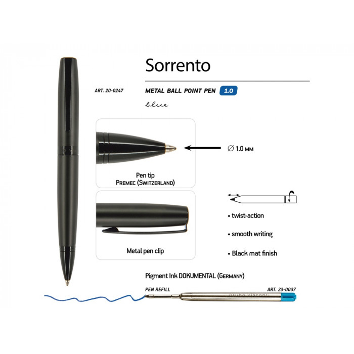 Ручка металлическая шариковая Sorento, 1,0мм, синие чернила, черный