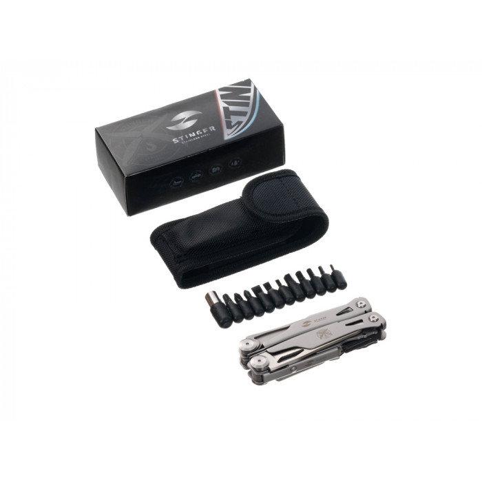 Мультитул Stinger, 106 мм, 15 функций, сталь, серебристый, в комплекте нейлоновый чехол