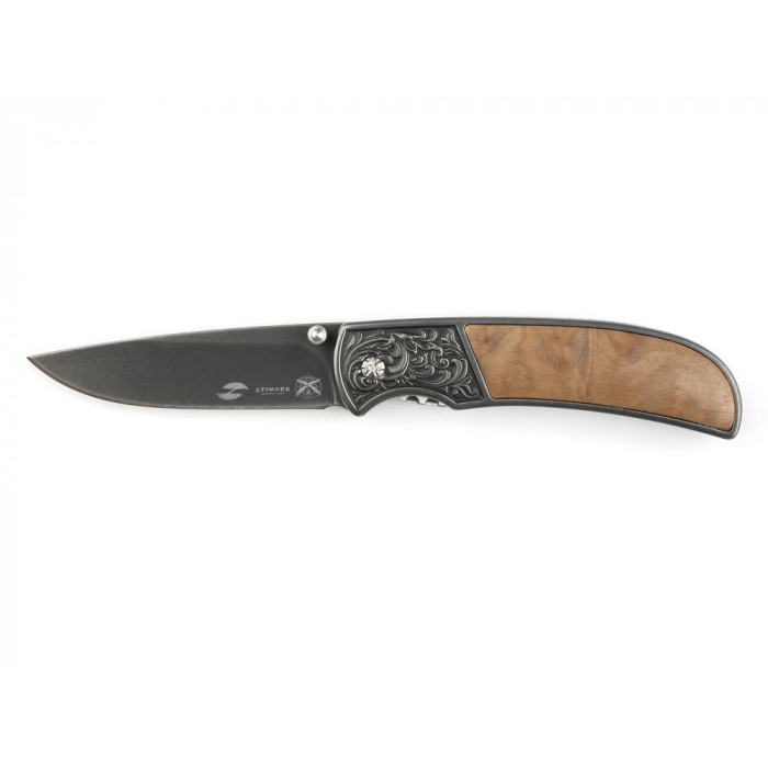 Нож складной Stinger, 71 мм, (чёрный), материал рукояти: сталь/дерево (коричневый)