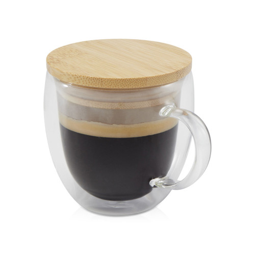 Стеклянная кружка Lenora емкостью 250 мл с бамбуковой крышкой - прозрачный