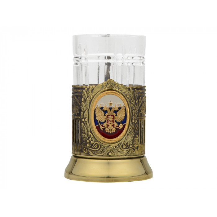 Подстаканник с хрустальным стаканом и ложкой РОССИЙСКИЙ-Л, золотистый/прозрачный