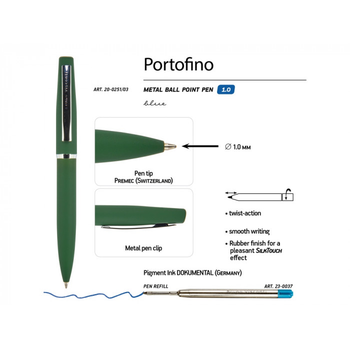 Ручка металлическая шариковая Portofino, софт-тач, 1.0 мм, зеленый