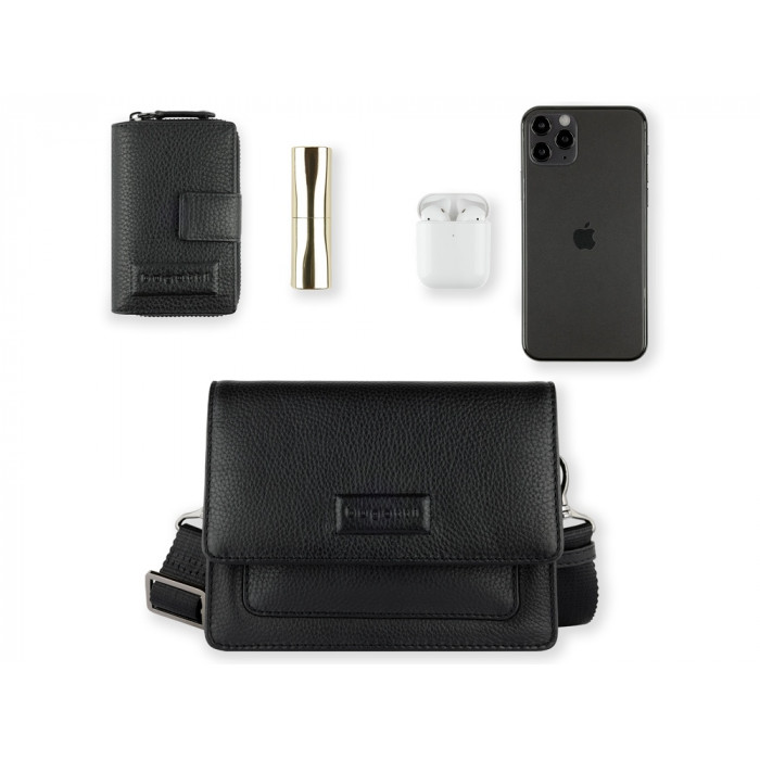 Сумка через плечо женская BUGATTI Elsa, чёрная, воловья кожа/полиэстер, 18,5х8,5х14,5 см