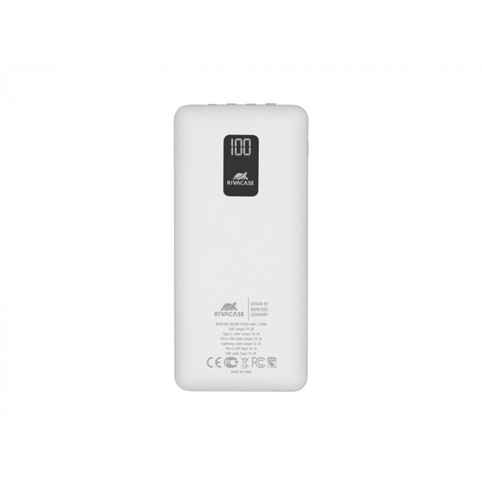 RIVACASE VA2210 (10000 мАч) внешний аккумулятор с дисплеем и встроенными кабелями, белый, 12/48