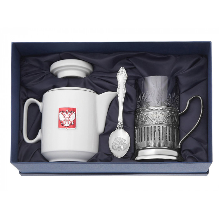 Чайный набор с подстаканником и фарфоровым чайником ЭГОИСТ-М, серебристый/белый