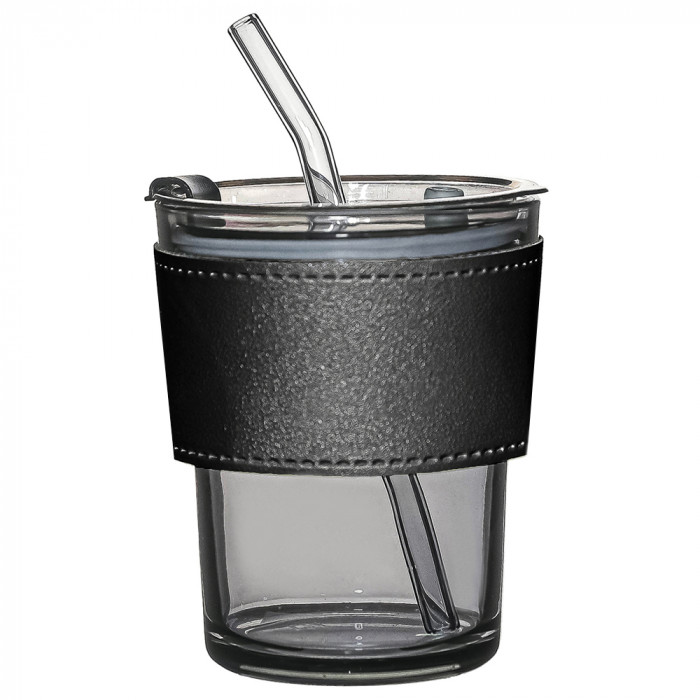 Стакан стеклянный с трубочкой и капхолдером Karamel, черный